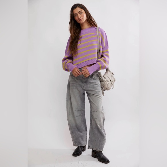 Free People Stripe Easy Street Cropped Pullover Lavender & Lime Sweater Size M 💜 - Picture 4 of 9
